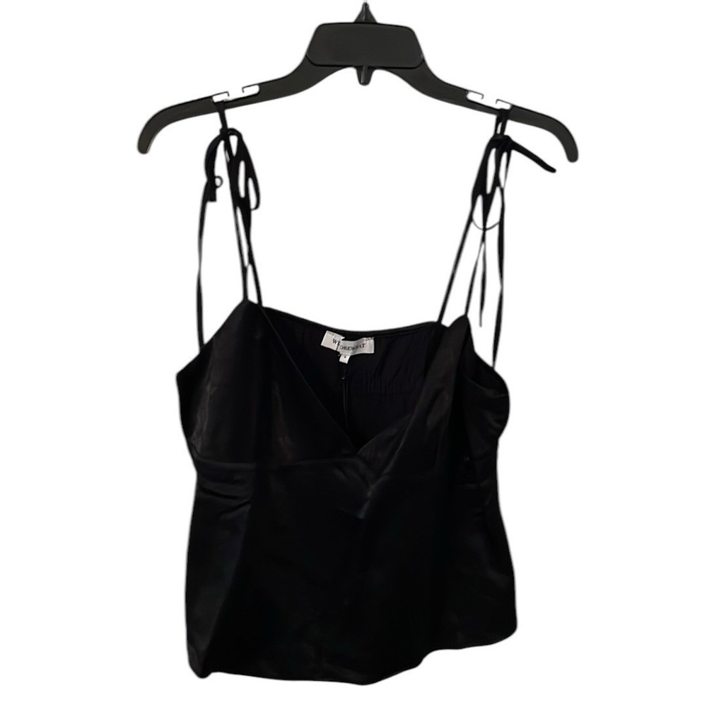 WeWoreWhat Women's Black Viscose Sateen Shoulder Tie Ruched Back Cami Size L